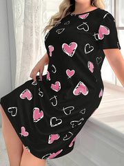 Plus Size Women's Sleep Dress Short Sleeve Heart Print Lounge Wear Pink Red