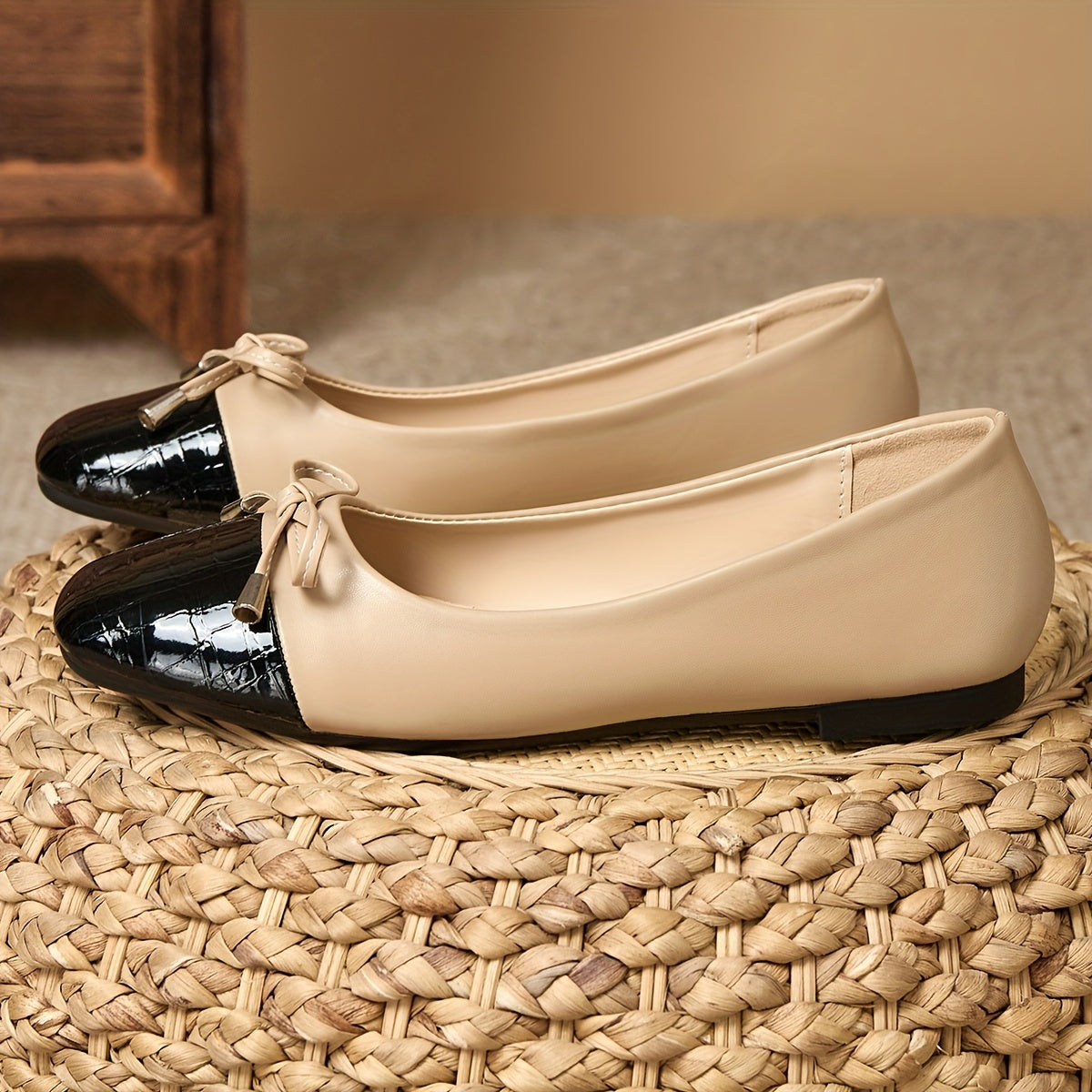 Women Flat Ballet Shoes Black Apricot Contrast Color Comfortable Durable