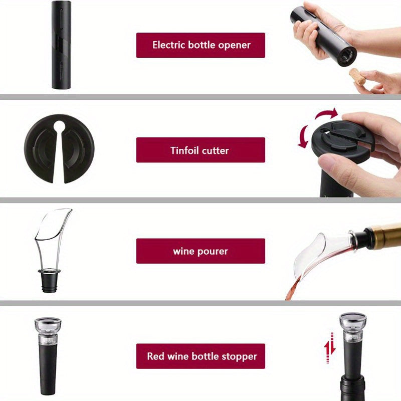 Cordless Electric Wine Opener Set with Vacuum Stopper and Foil Cutter