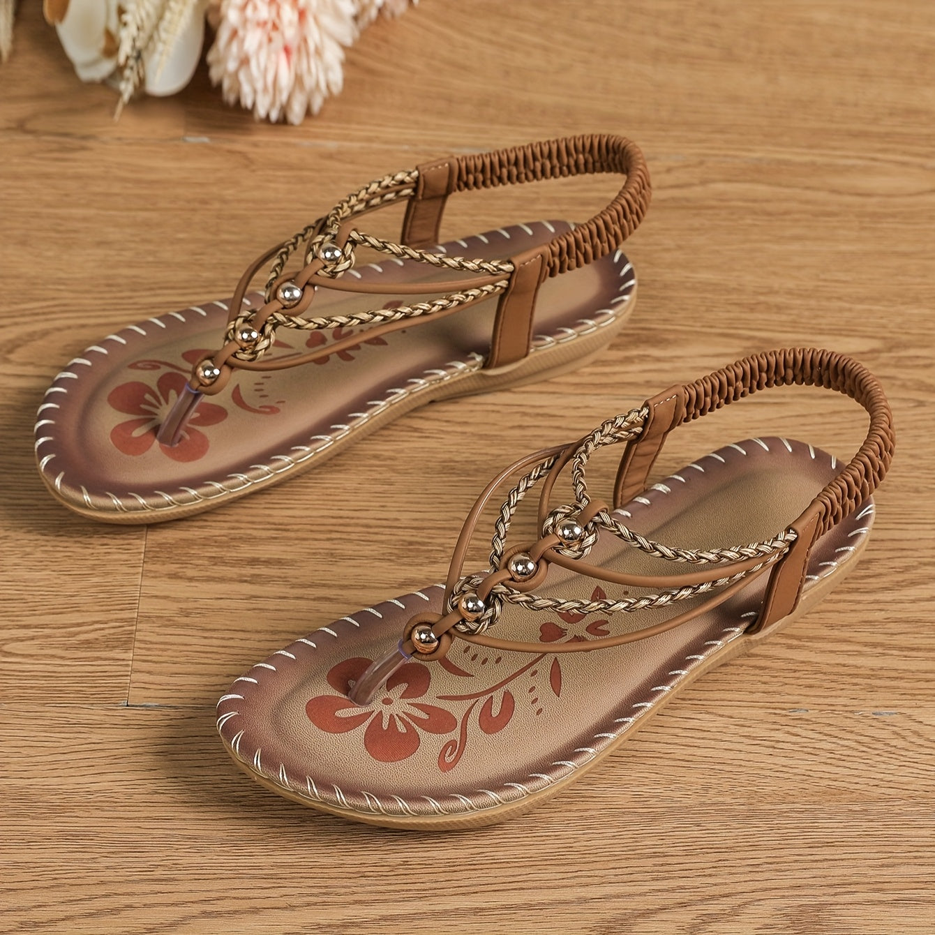 Women's Boho Flat Sandals Rhinestone Floral Open Toe Strappy Summer Brown