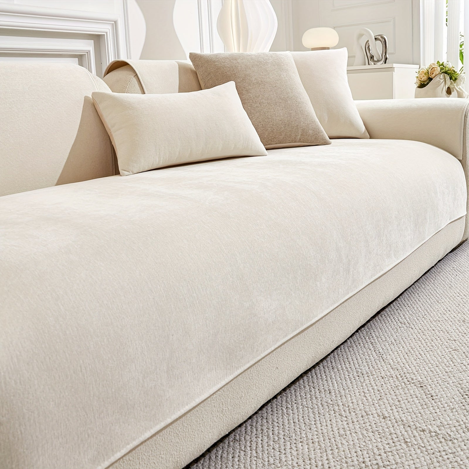 Chenille Sofa Cover Non-Slip Pet-Friendly All Seasons Fits 1-4 Seaters Light Beige