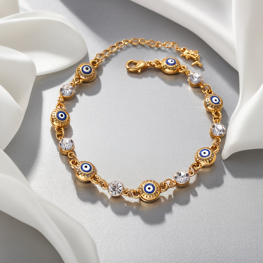 Gold-Plated Copper Alloy Bracelet with Rhinestones and Devil's Eye Accents for Women