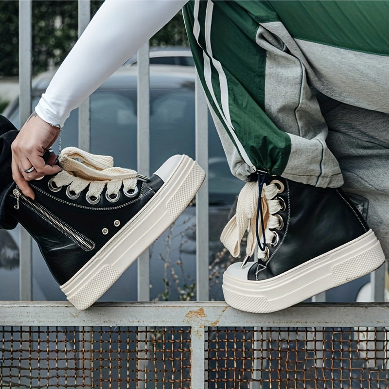 Women's Chunky Platform Boots Goth Punk Ankle Booties with Lace-Up and Rubber Sole