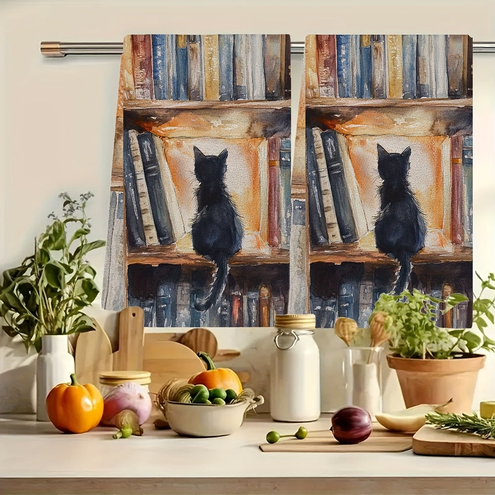 Two Pieces Kitchen Towels Ultra Soft Absorbent Library Kitten Design 40x60 cm