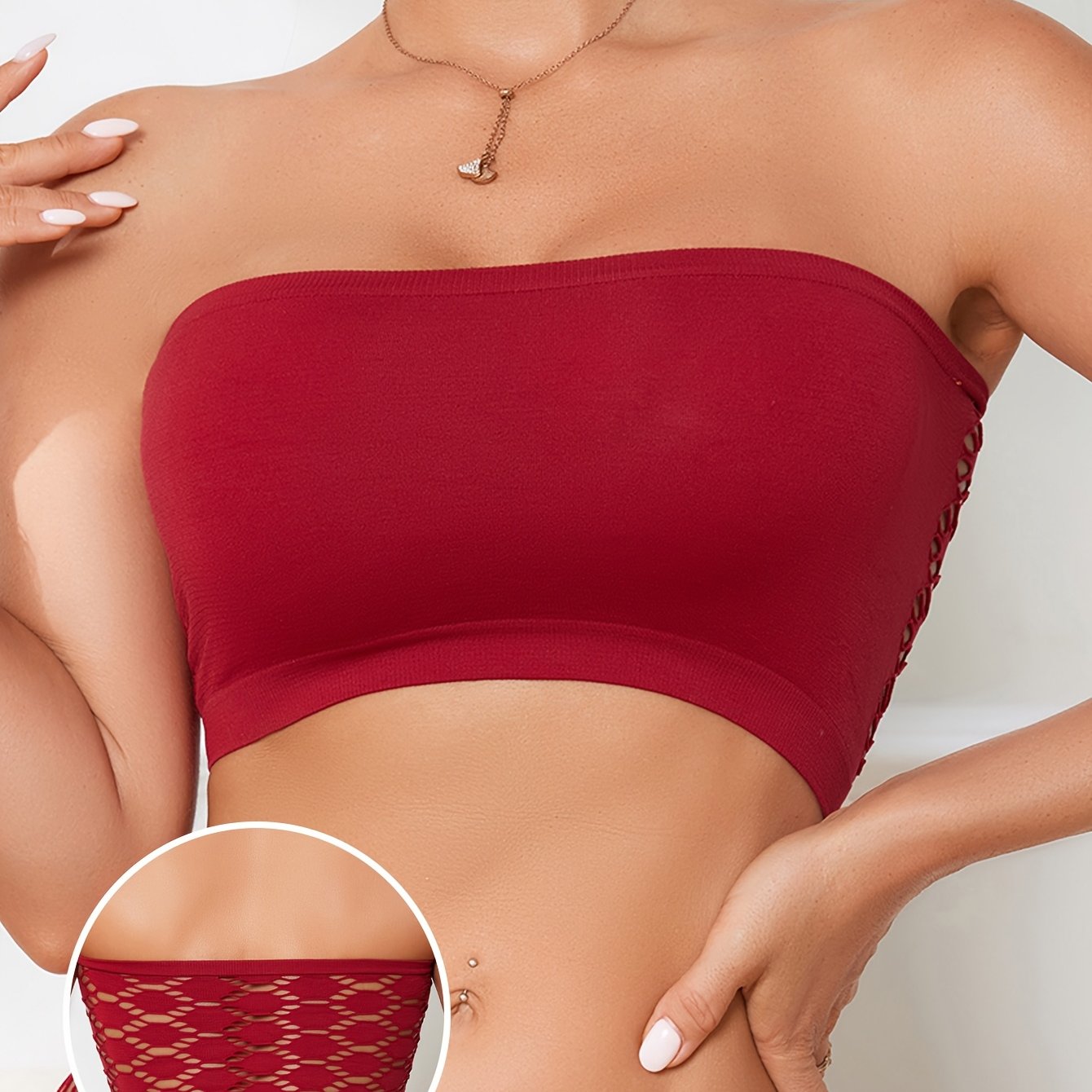 Women's Breathable Wireless Bandeau Bra with Hollow Mesh Fabric