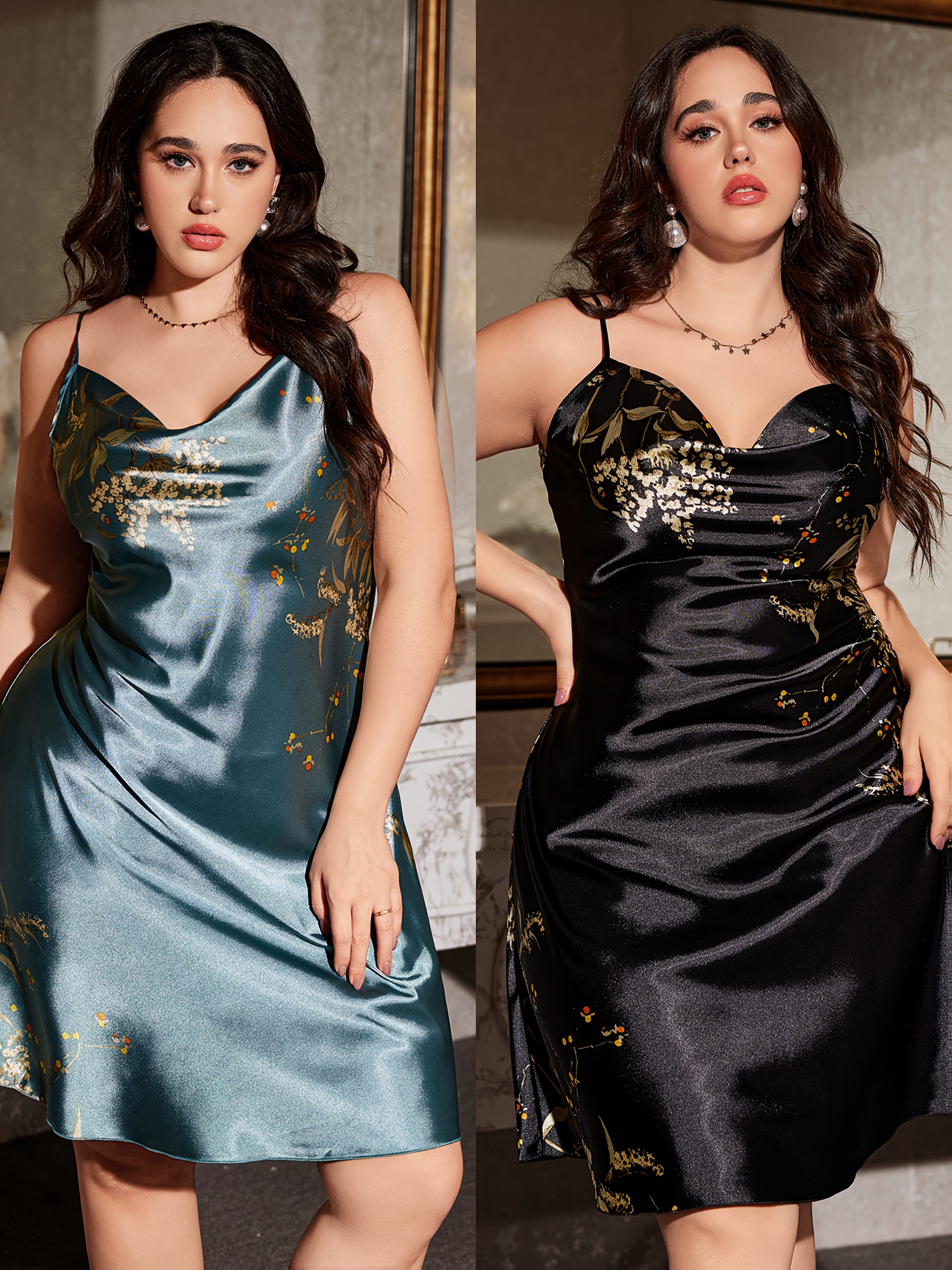 Plus Size Women's Cowl Neck Cherry Print Satin Camisole Sleepwear 2-Pack