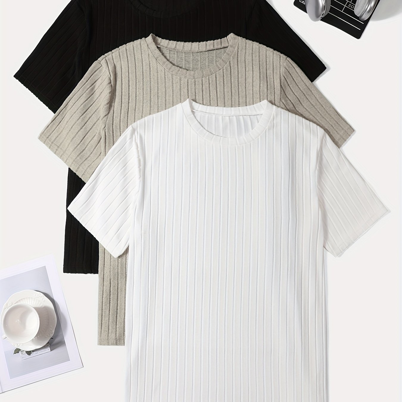 Men's 3-Pack Solid Color Crew Neck T-Shirts Polyester Elastane Medium Stretch Casual