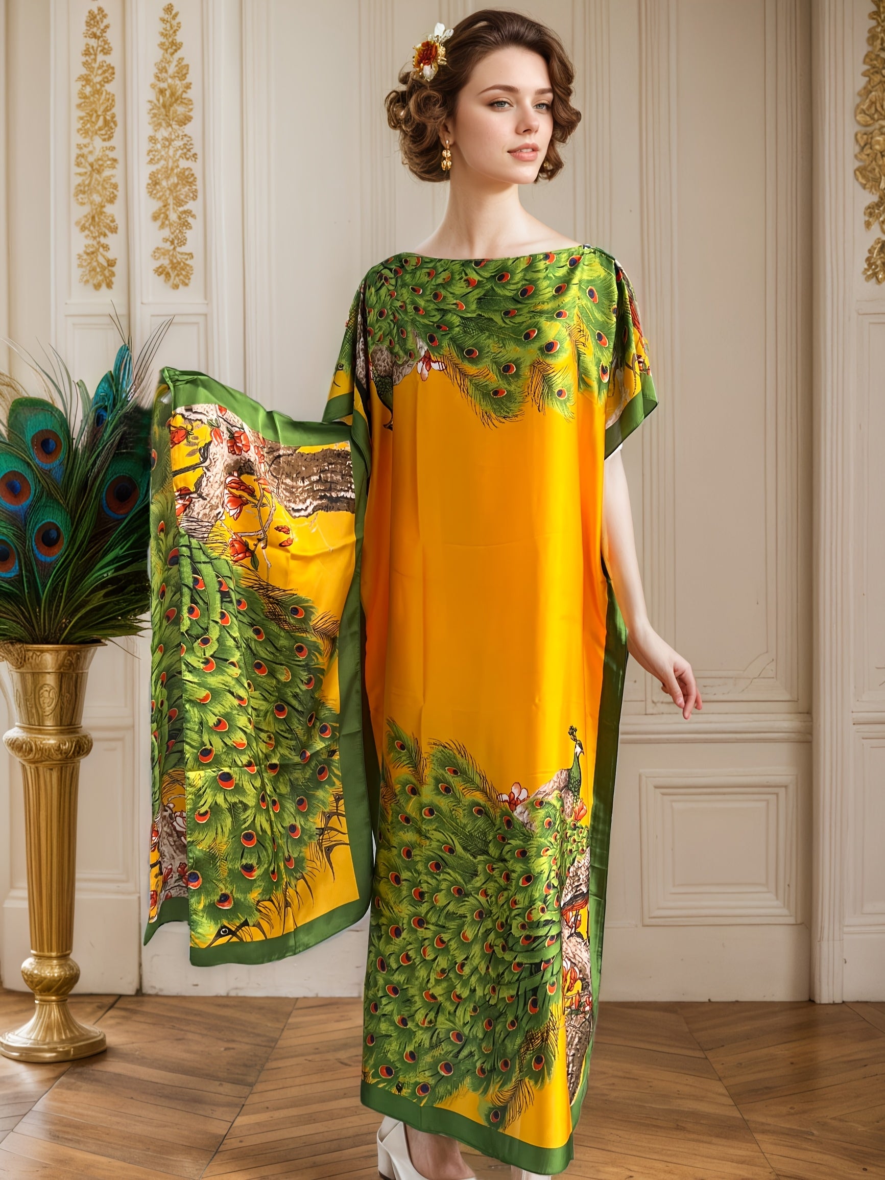 Plus Size Women's Maxi Dress with Peaocak Print, Short Sleeves, Green Yellow Blue Floral