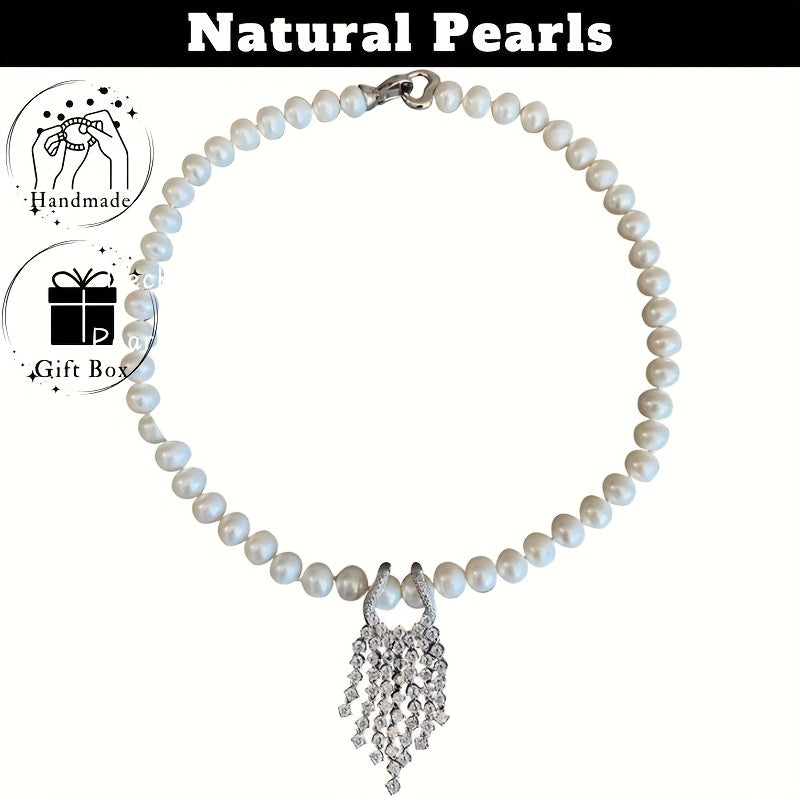 Murakkab Tasmali Marjon, Shirin Suv Marjonlari va Zirconiyalar bilan - O'ziga xos Kamchiliklarga ega Zamonaviy Yelka Marjoni, Rasmiy Tadbirlar va Har Kunlik Kiymak Uchun Ideal, Chiroyli Sovg'a Qutisida Keltiriladi