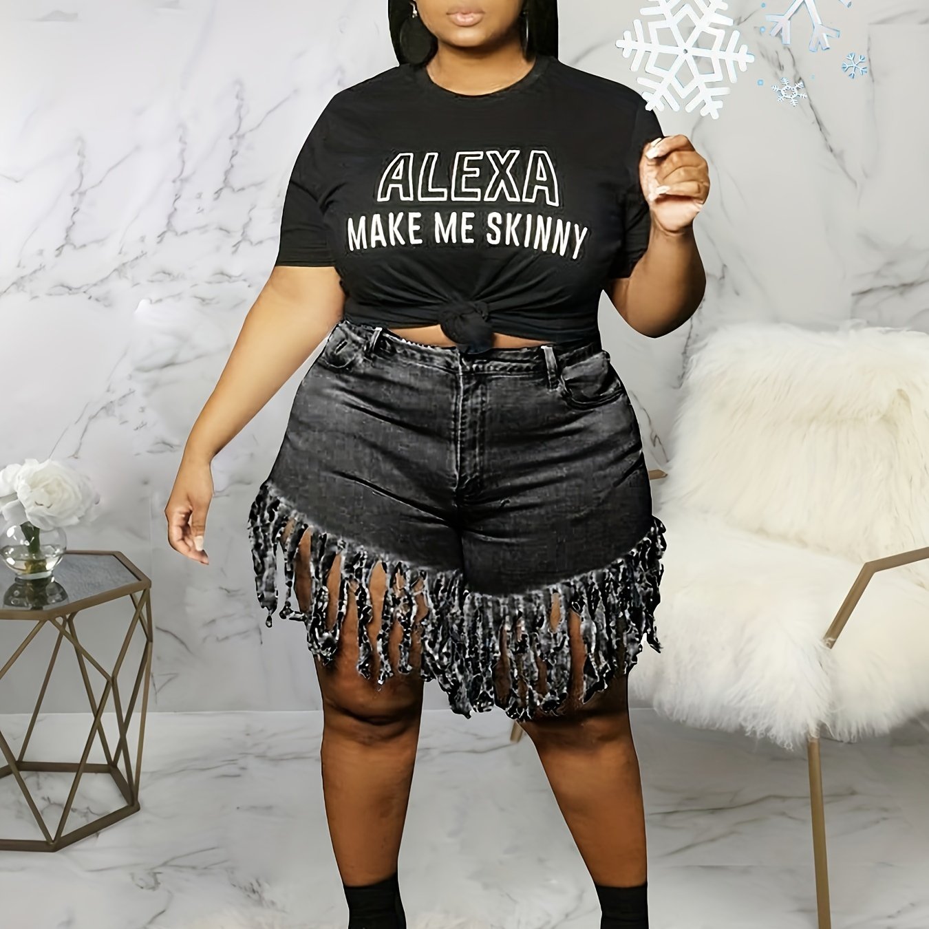 Plus Size Women's Denim Shorts Elastic Button Fly Fringe Trim Casual denim shorts