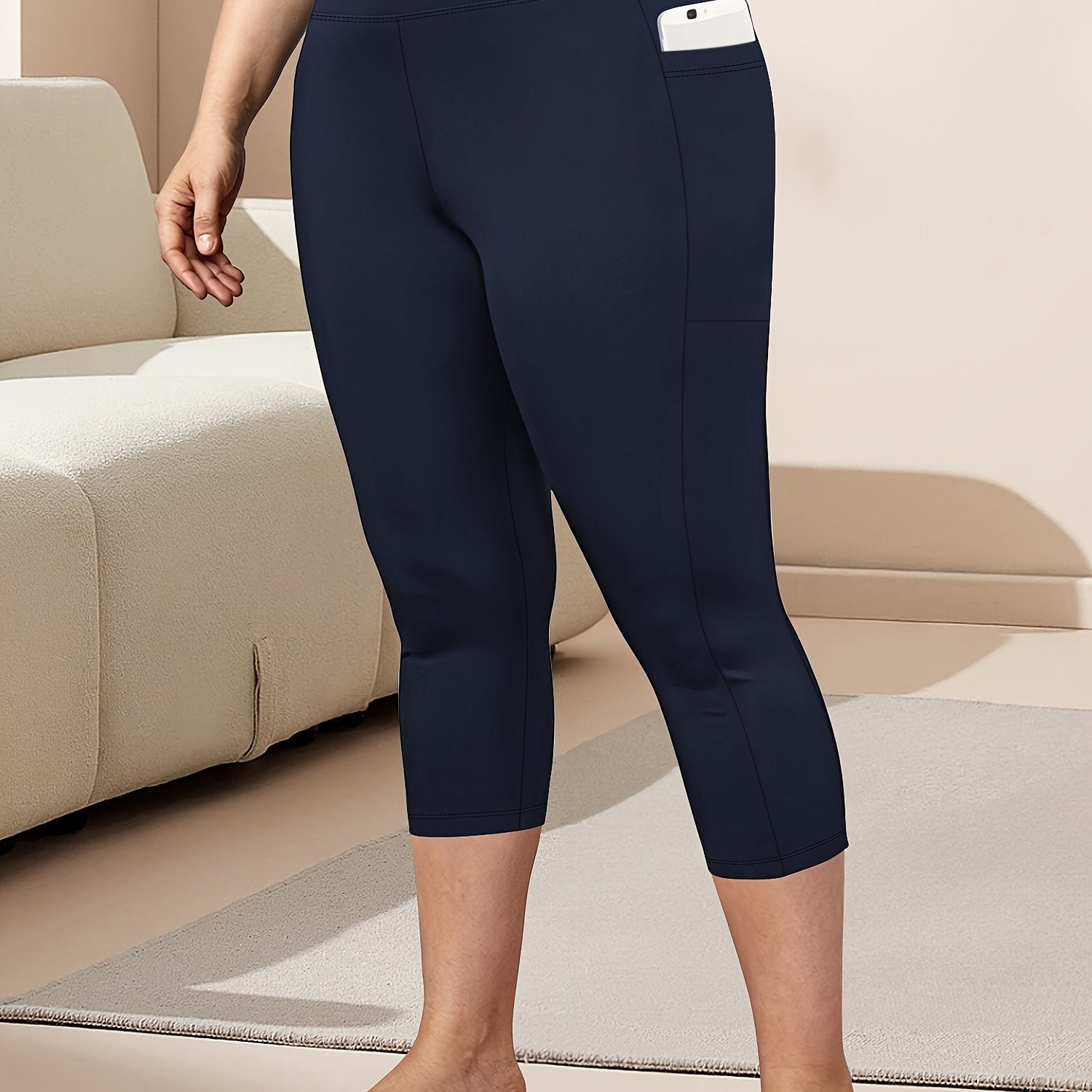 Ayollar uchun katta o'lchamli yuqori belli Capri legginslar, yon cho'ntaklar bilan