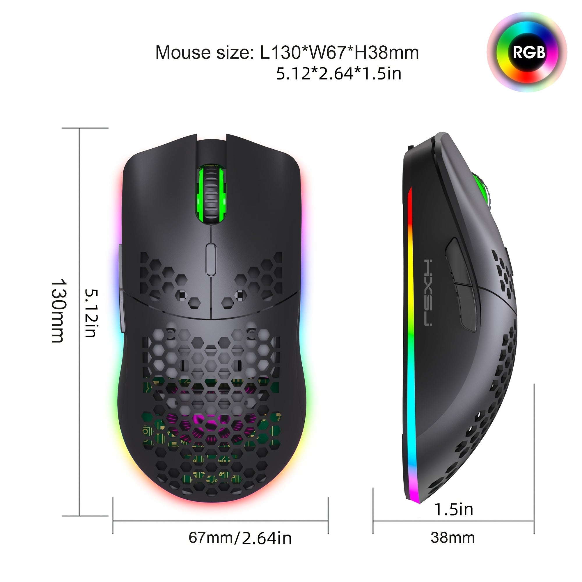 Wireless Gaming Mouse RGB Lighting Rechargeable Honeycomb Design USB Plug and Play Right-Handed White