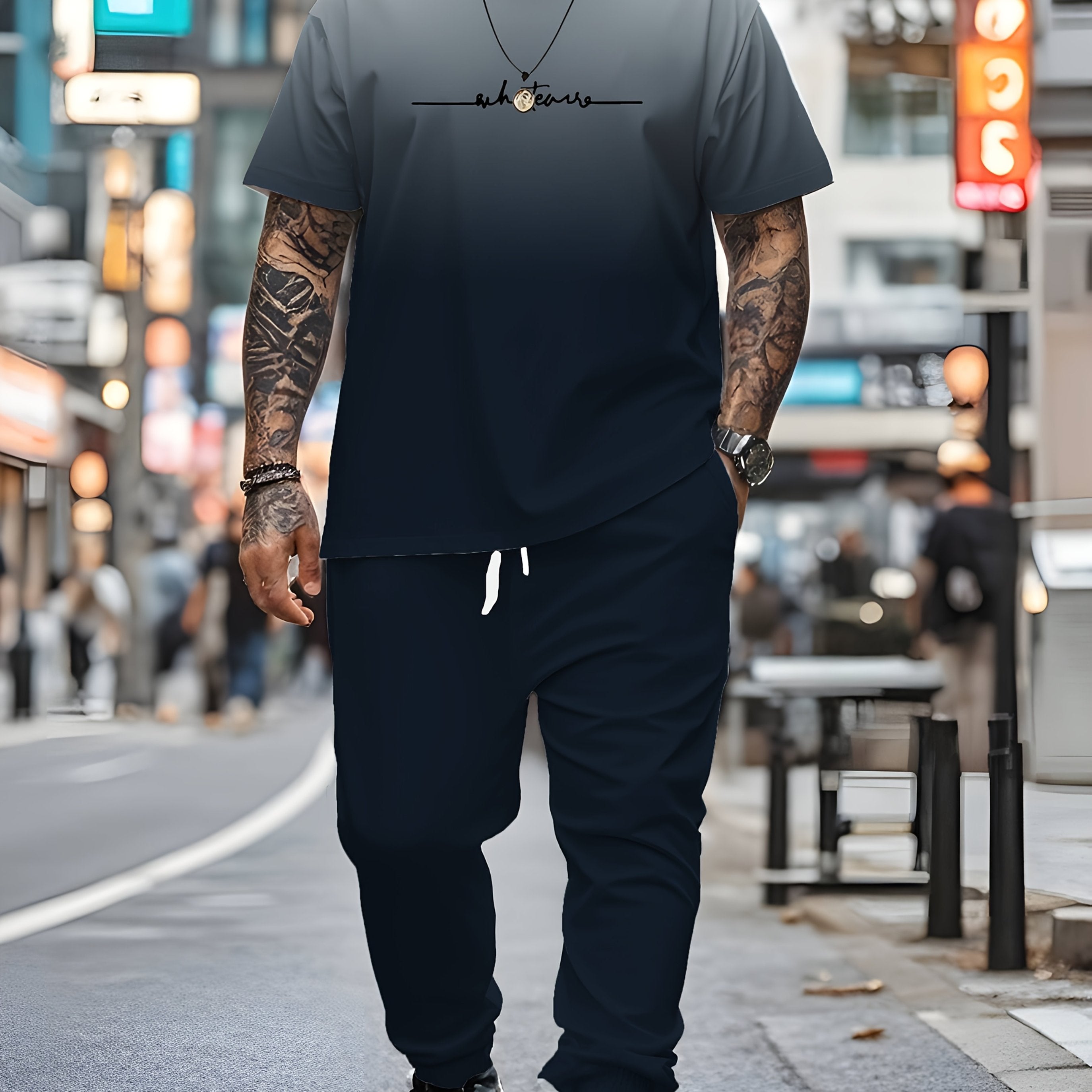 Plus Size Men's Ombre Sweatsuit Set with Crew Neck T-Shirt and Drawstring Pants