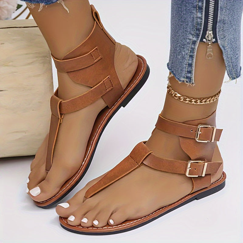 Women's Flat Sandals Open Toe Solid Color Buckle High-Top Summer Flat Heel Man Made Materials