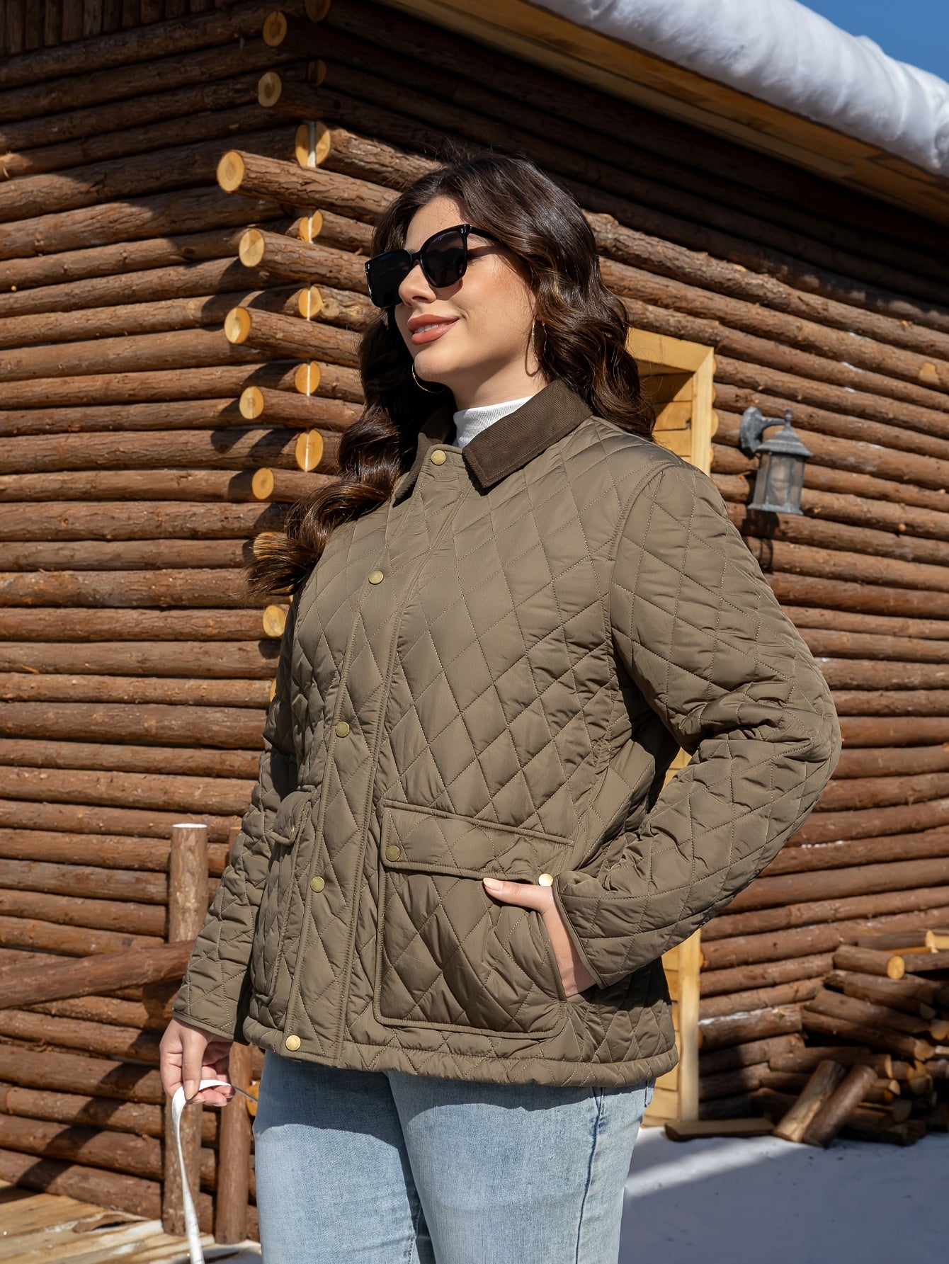 Plus Size Quilted Lapel Jacket in Polyester with Pockets for Fall Winter