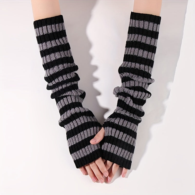 Women's Long Striped Knit Gloves with Thumb Hole and Arm Cover for Autumn Winter