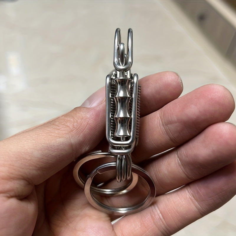 Stainless Steel Keychain for Men Engraved Bamboo Bead Mechanical Car Keyring