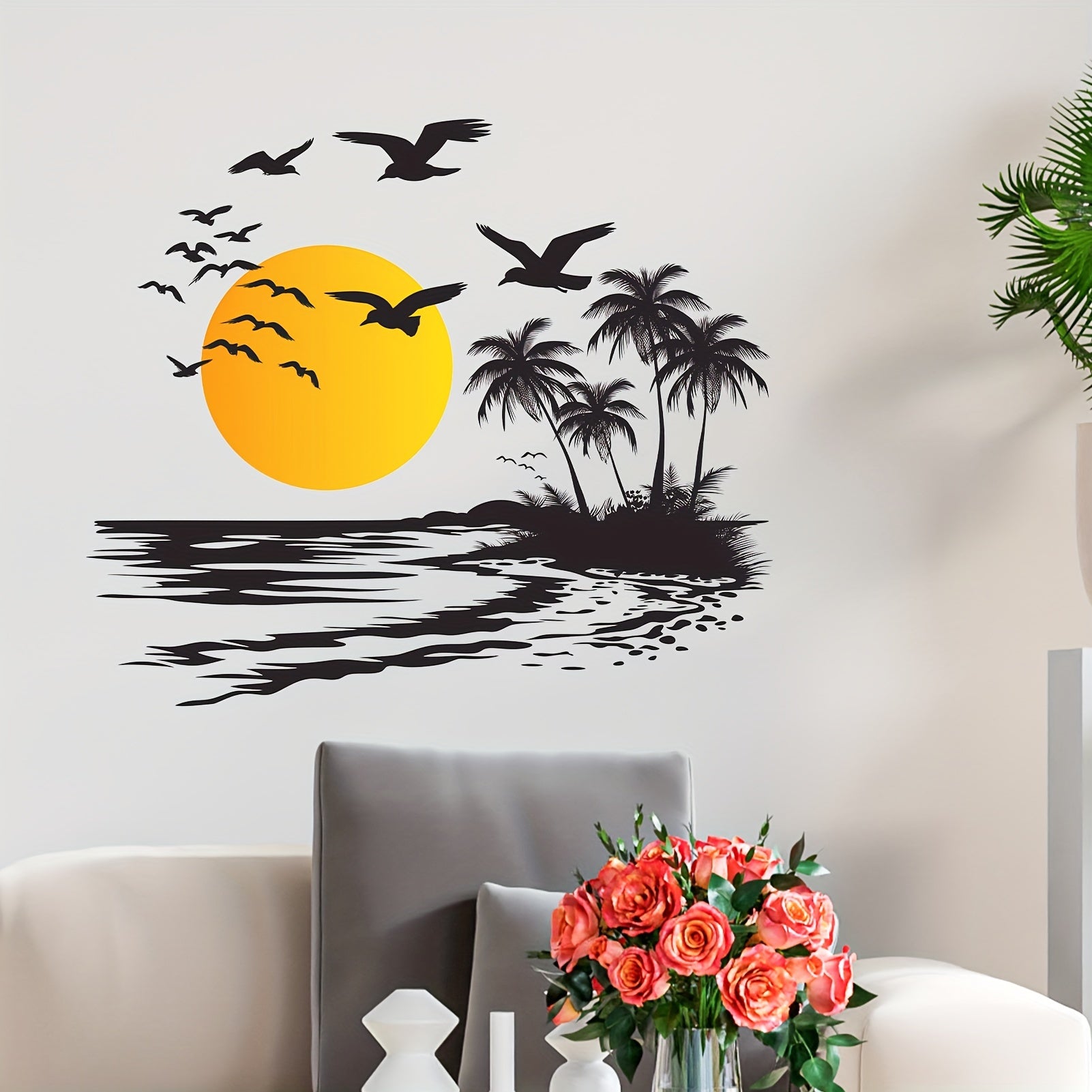 Removable Vinyl Wall Decal Tropical Sunset Scene with Palm Trees and Birds for Living Room Bedroom