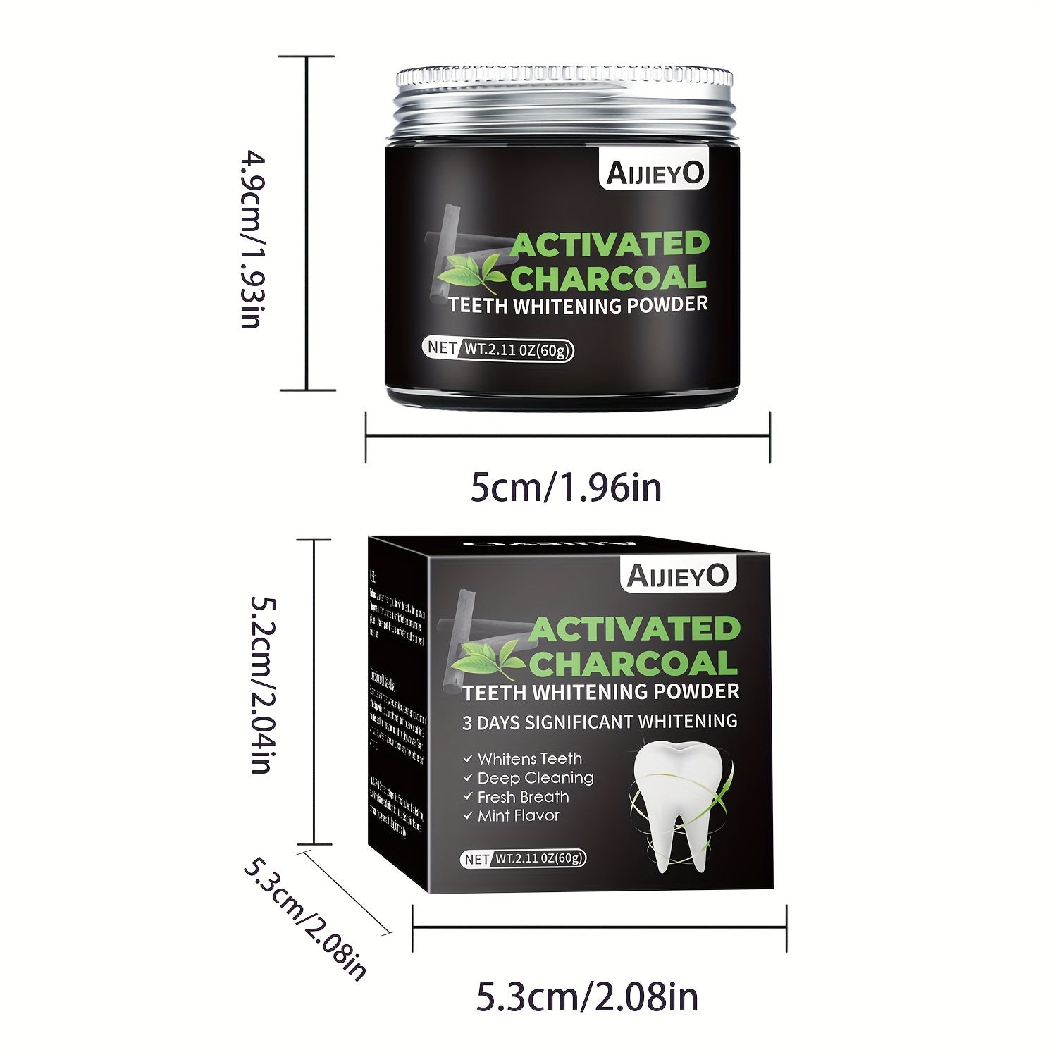 Charcoal Teeth Whitening Powder with Mint Flavor Brightens Smile Freshens Breath Natural Gums