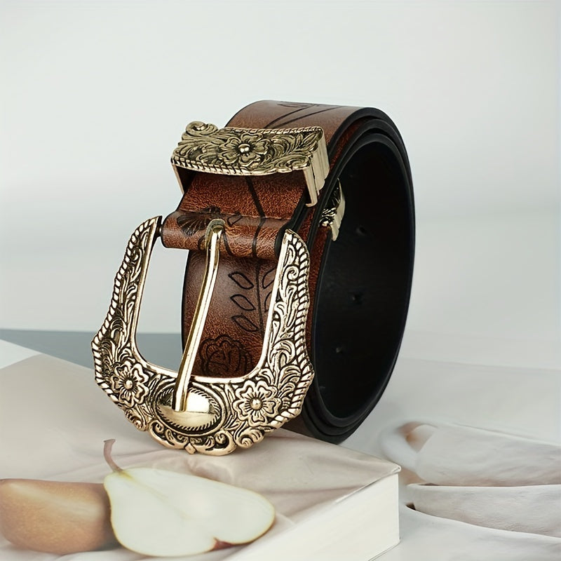 Мужской кожаный западный ремень с вырезанной квадратной цветочной пряжкой и ковбойским стилем