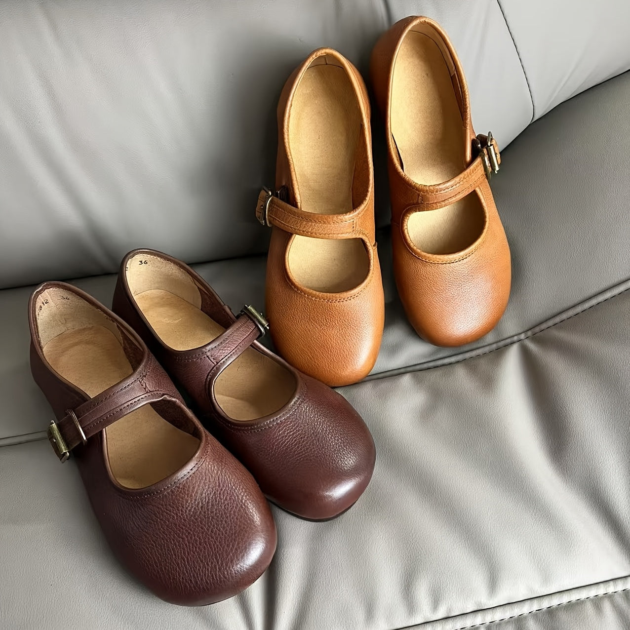 Women's Leather Mary Jane Flats Casual Shoes Adjustable Strap Lightweight