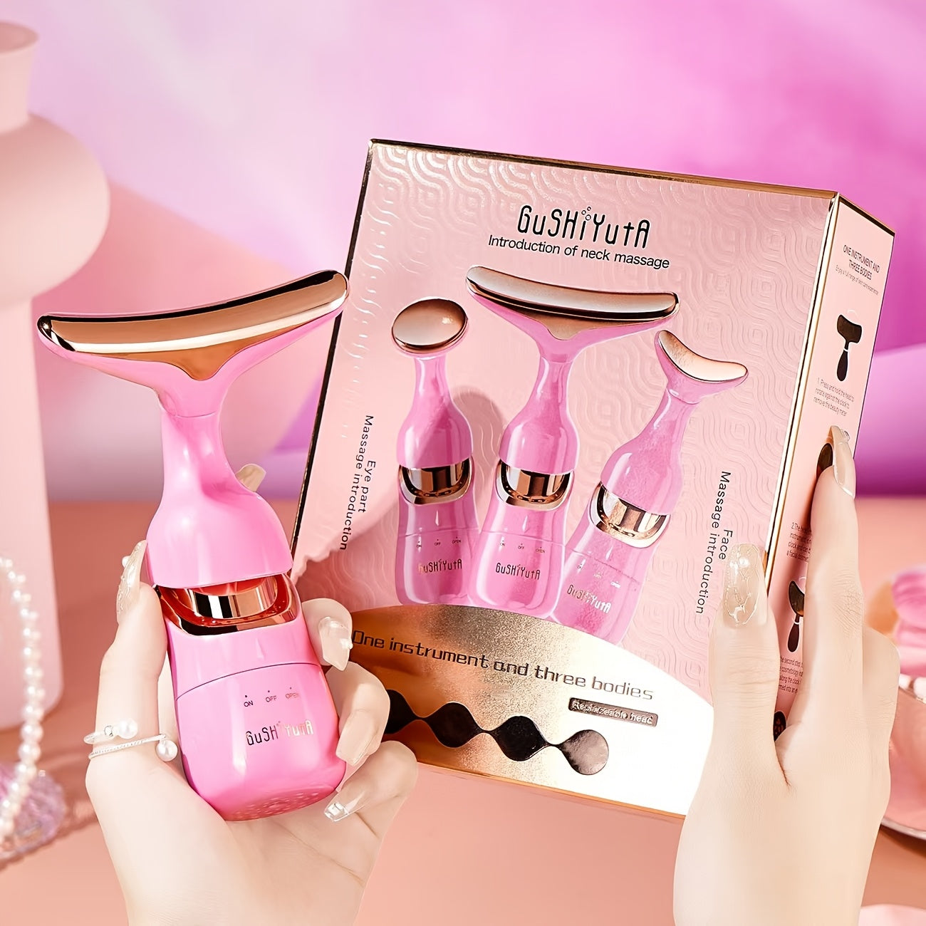 3-in-1 Beauty Device with Vibration Massager for Eyes, Face, Neck Pink