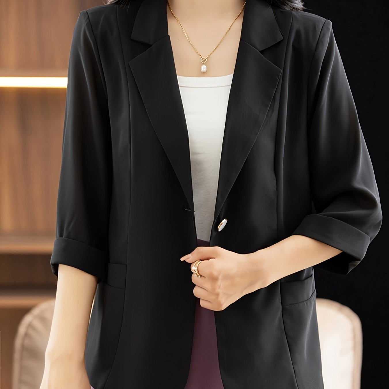 Women's Chiffon Blazer Lightweight Sheer 3/4 Sleeve Single Button Solid