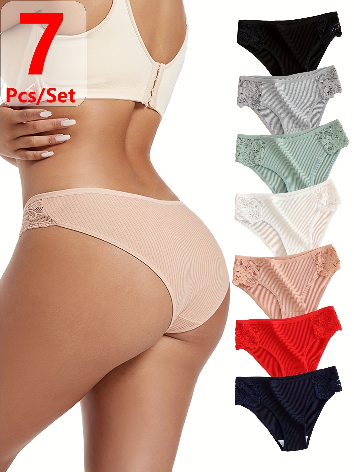 Women’s High Waist Seamless Panties 7-Pack Breathable Lace Trim Spandex No-Show