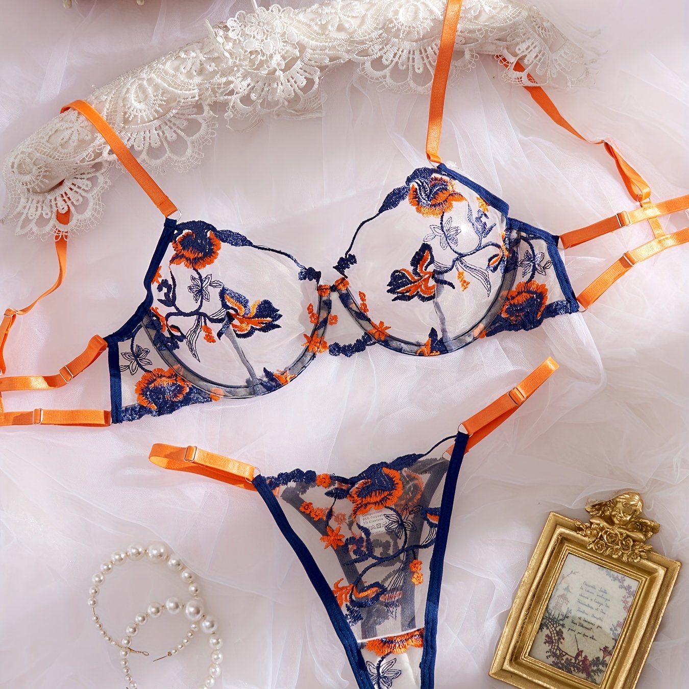 Women's Floral Lace Lingerie Set Bra and Thong Underwear