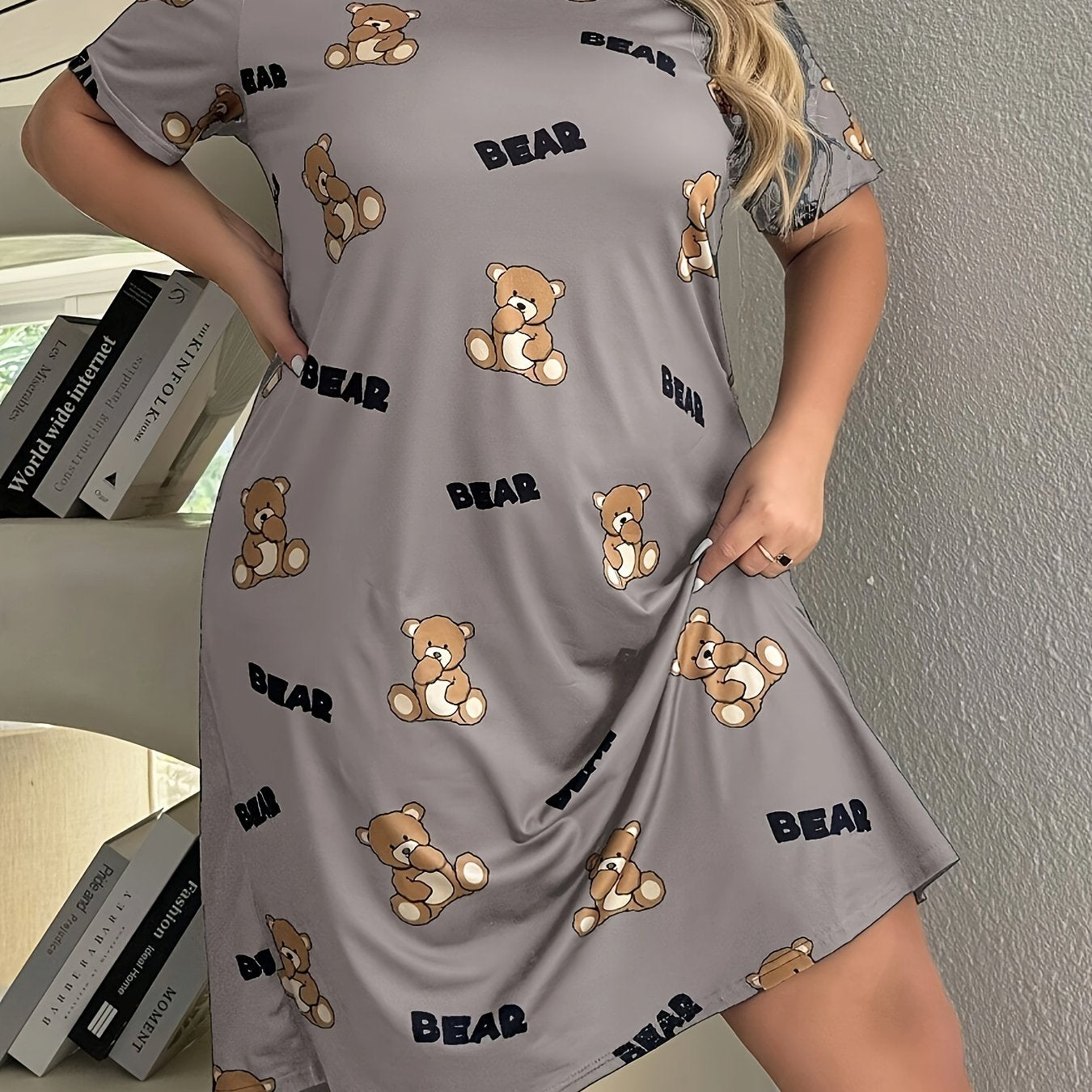 Plus Size Women's Sleep Dress Teddy Bear Letter Print Short Sleeve Nightdress