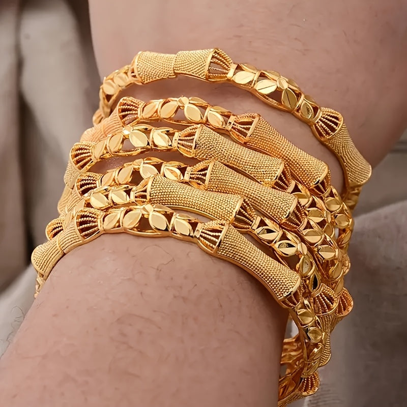 Set of Four 18K Gold-Plated Copper Tribal Style Bangle Bracelets for Women