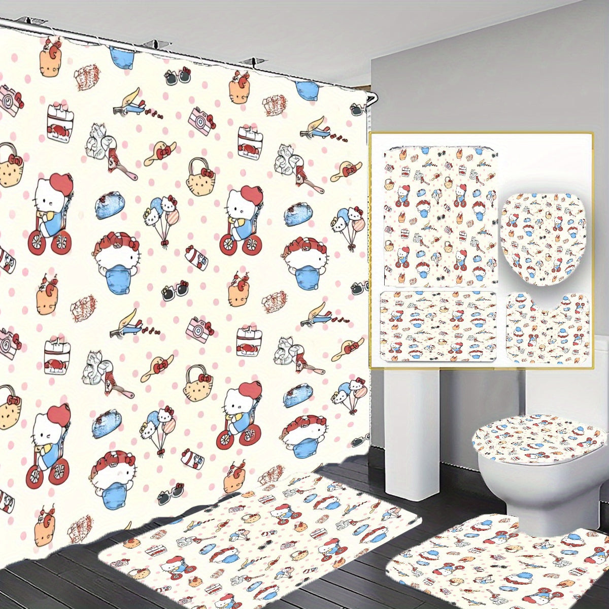 Hello Kitty Bathroom Decor Set 4pcs Waterproof Shower Curtain Rug Toilet Seat Cover