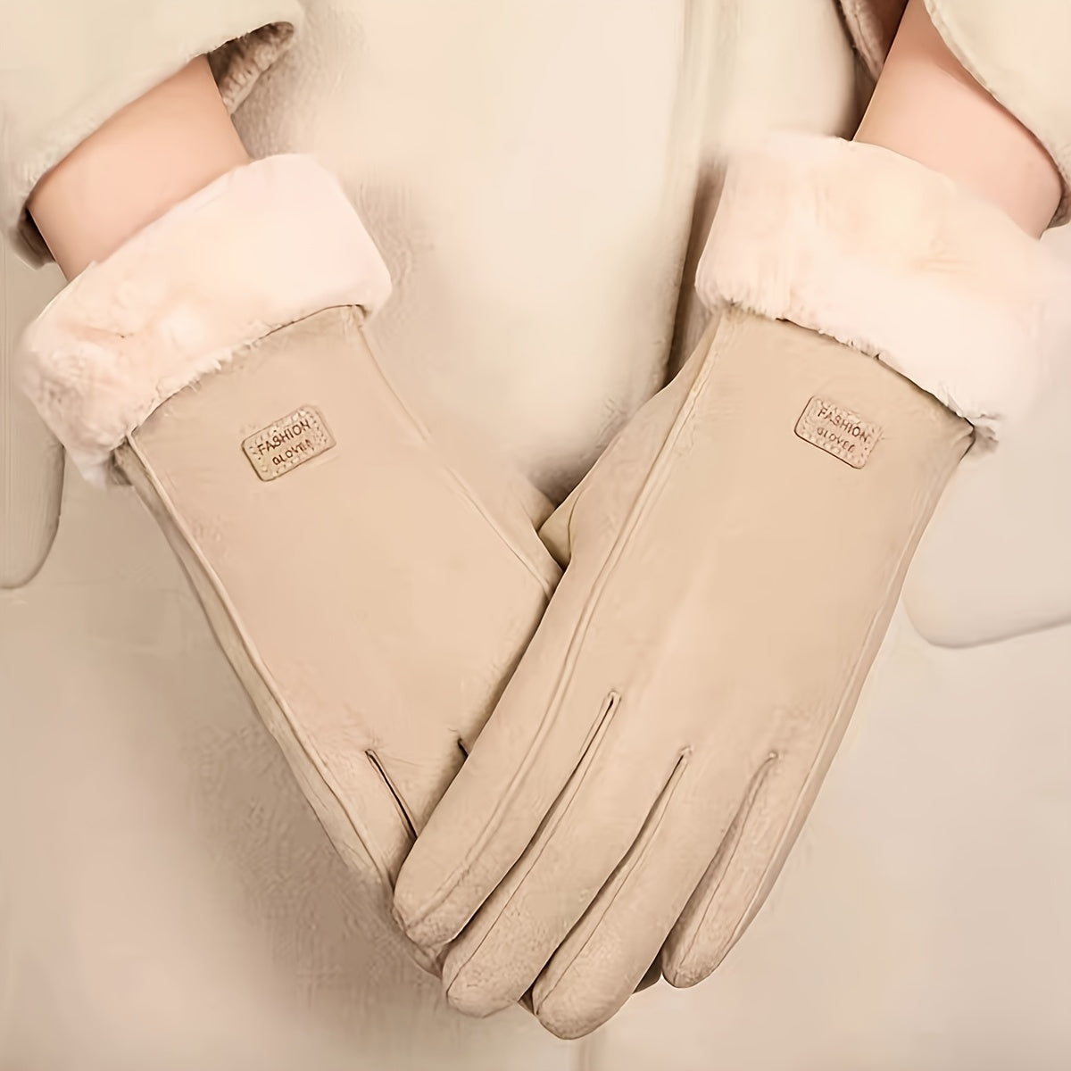 Women's Beige Touchscreen Gloves with Plush Lining Full Finger Winter Warmth