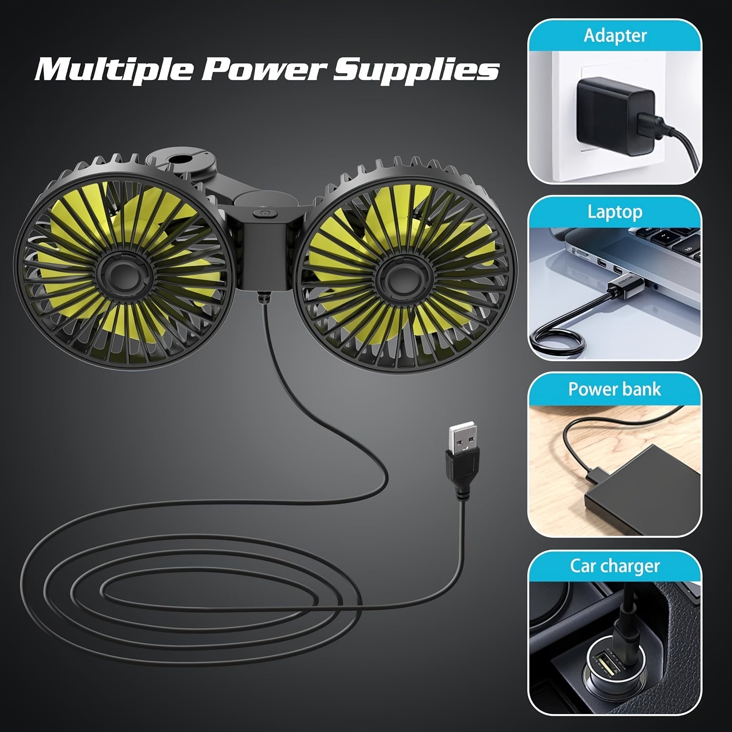 Portable USB car fan with rear seat backrest and electronic fan for strong wind