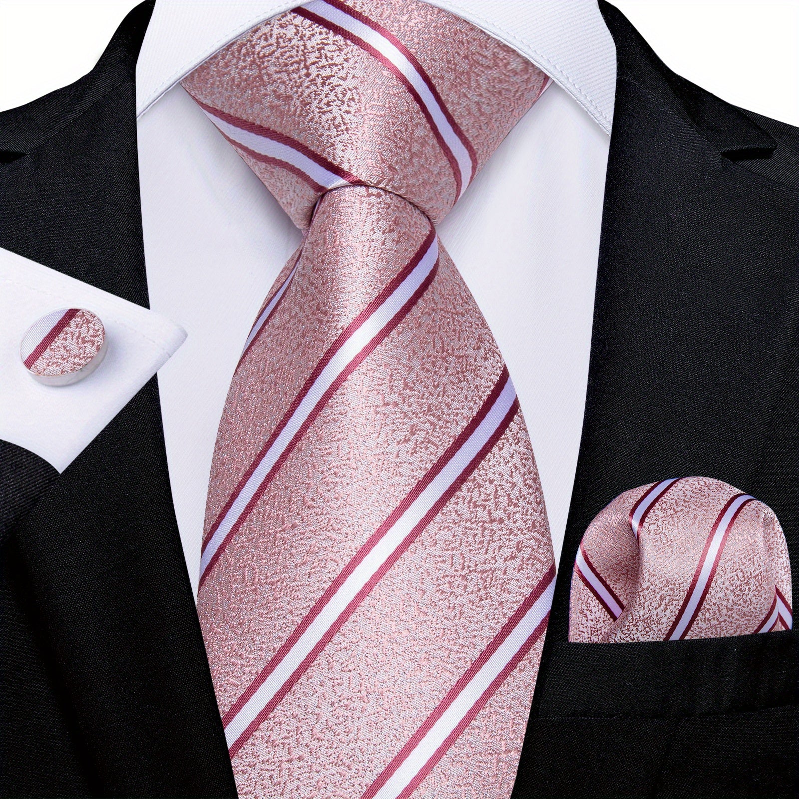 Stylish Men's Pink Patterned Tie Set with Pocket Square, Hanky, and Cufflinks - Perfect for Weddings or as a Gift