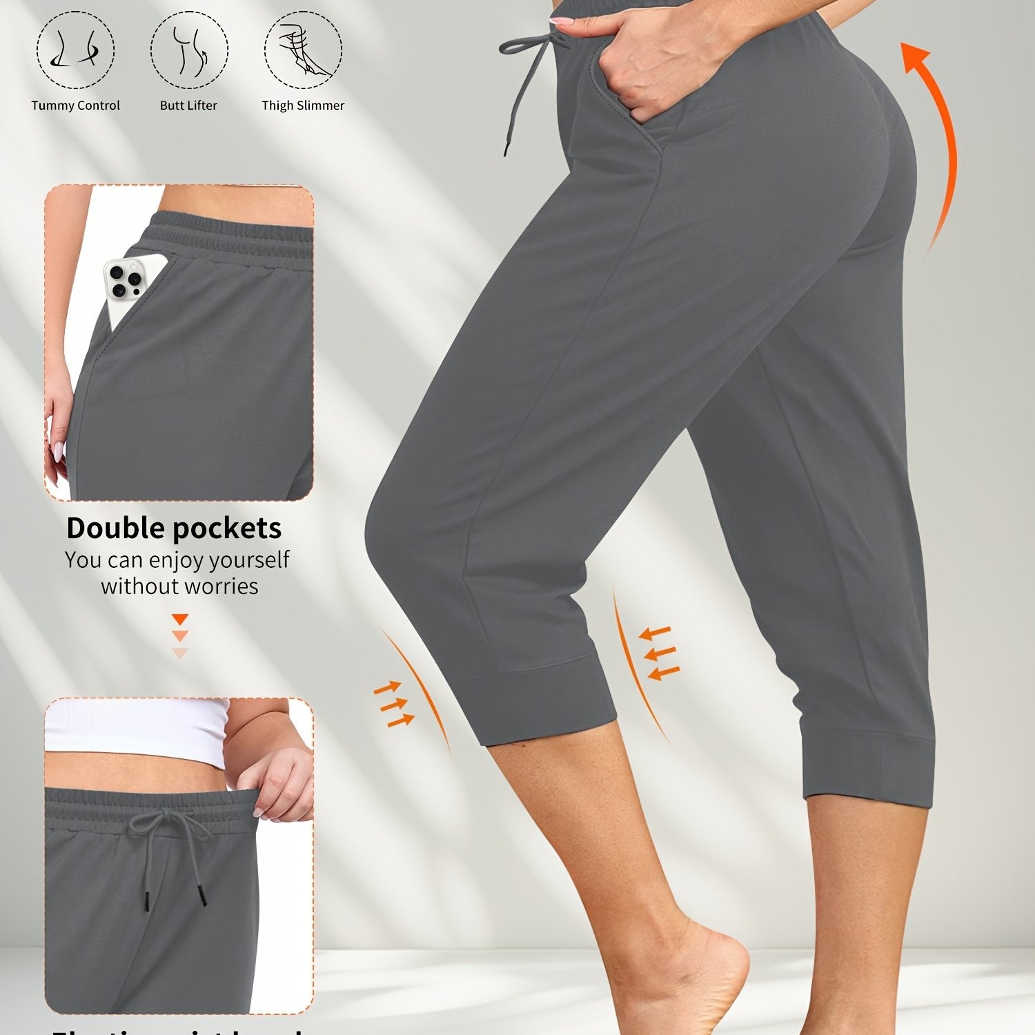 Plus Size Athletic Joggers With Pockets, High Elasticity, Non-See-Through
