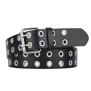 Unisex Black PU Leather Waistband with Double Pin Buckle and Eyelet Details for Punk Style
