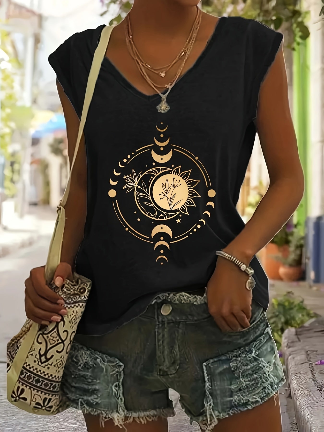 Women's V-Neck T-Shirts 2 Pack Short Sleeve Casual Tops Sun Moon Graphic White Black