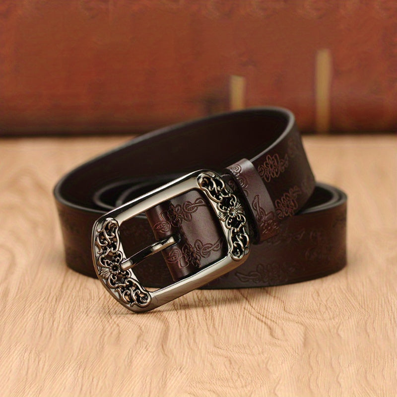 Women's Vintage Leather Belt with Rectangular Punk Buckle for Jeans