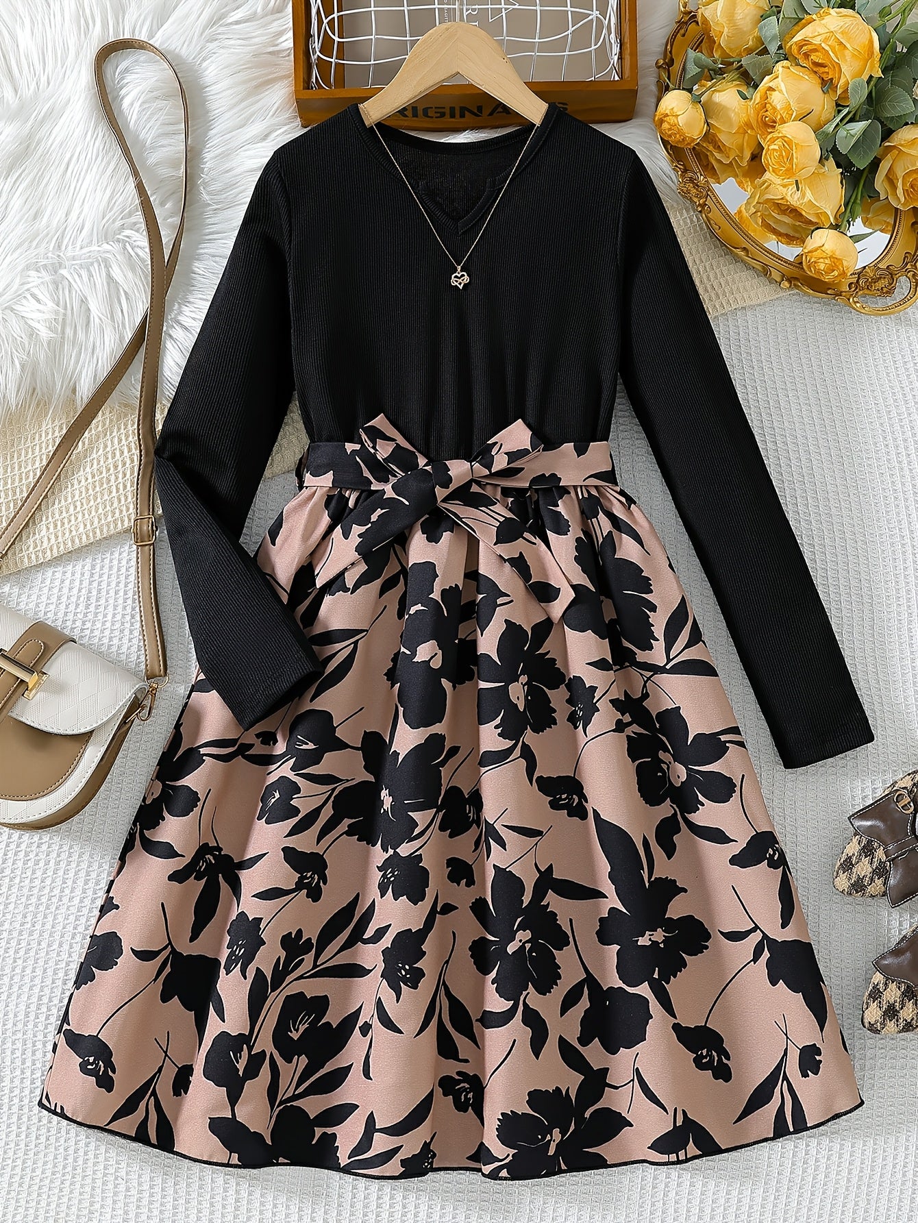 Girls Long Sleeve Dress with Belt for Spring and Fall Soft Stretch Fabric