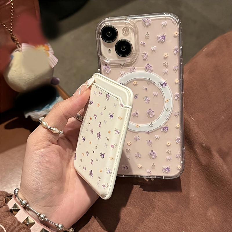 Purple Floral Pattern Magnetic Phone Case with Bow Design and Card Holder in TPU