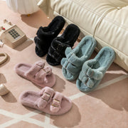 Women's Soft Fabric Slip-On Slippers with Double Buckle, Indoor Outdoor, Black Light Blue