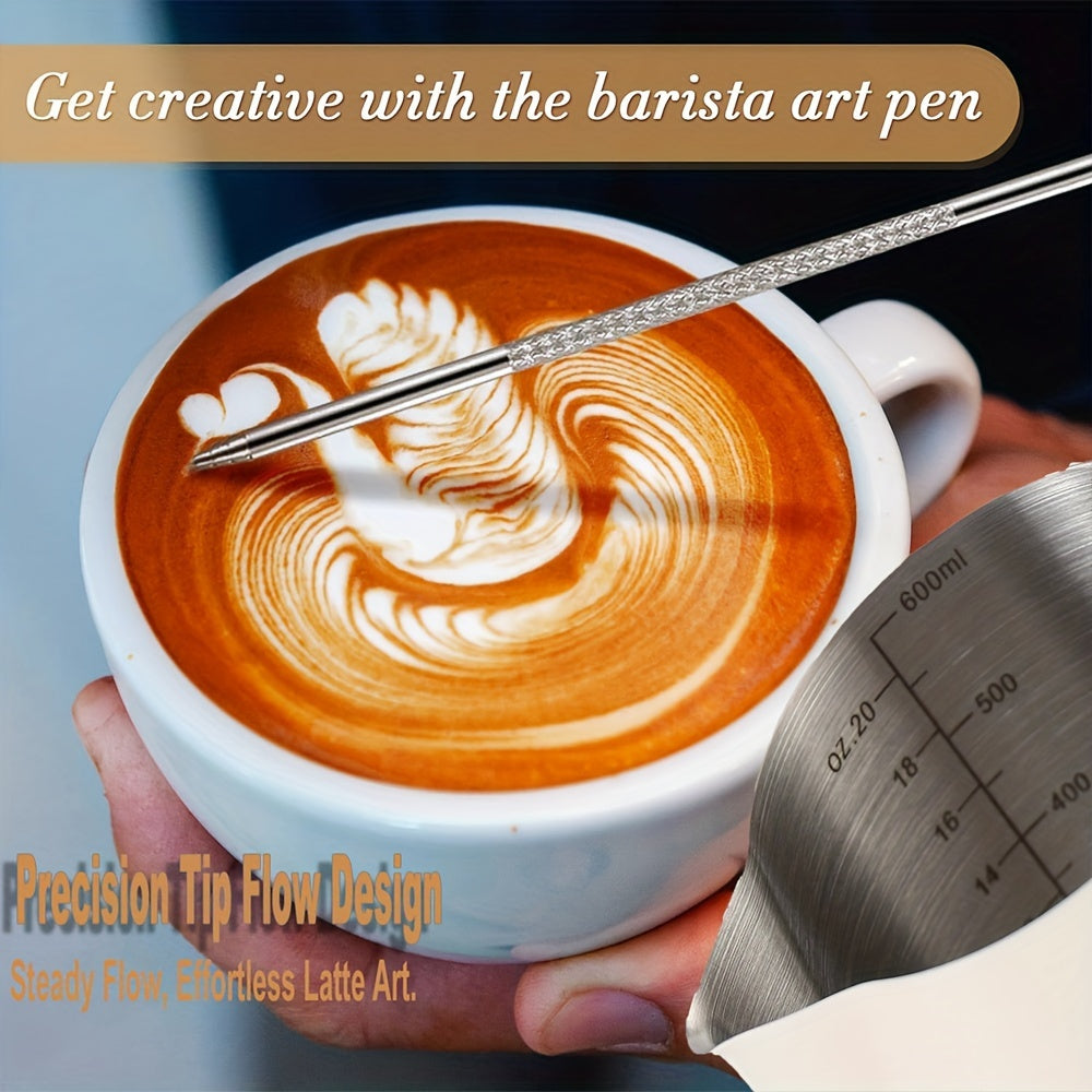 Juego de jarras de acero inoxidable para espumar leche de 12oz y 20oz con medición y pluma decorativa