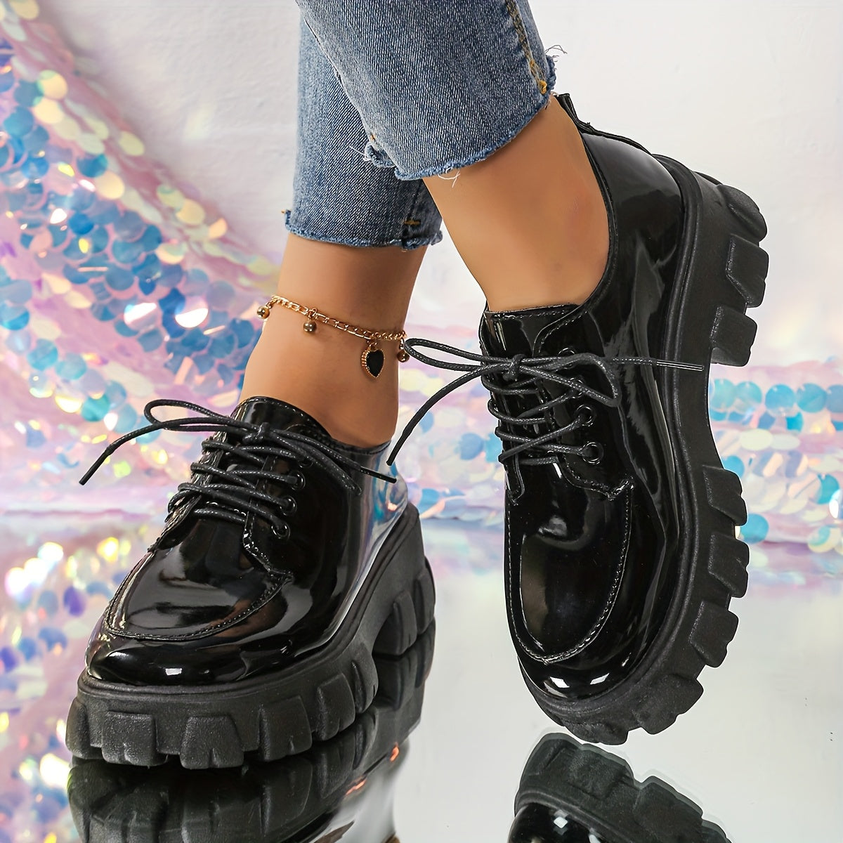 Women's Chunky Platform Loafers Glossy Black PU Lace-Up Shoes