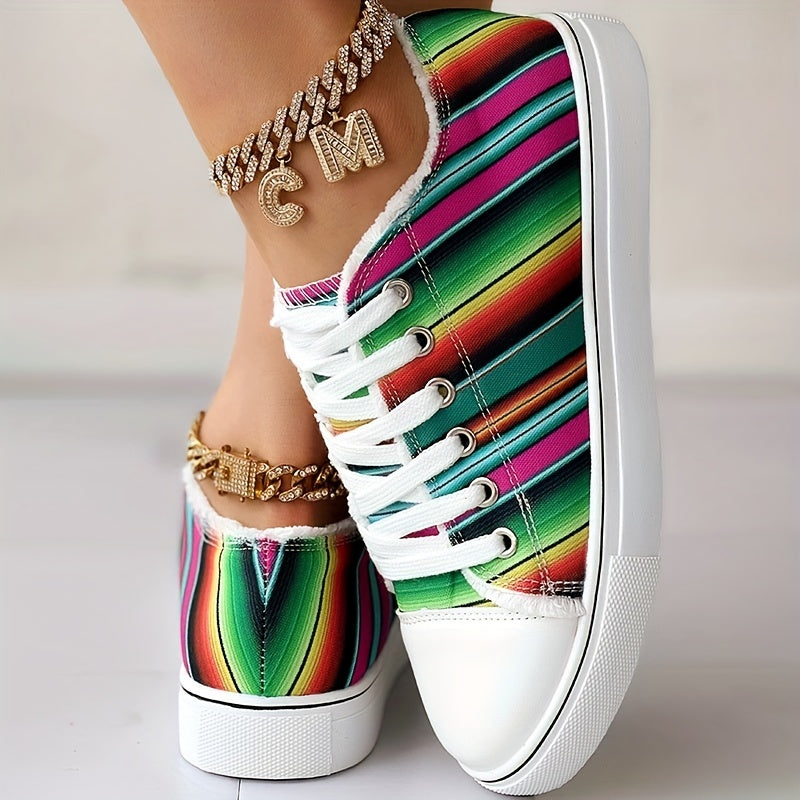 Women's Canvas Sneakers Colorful Striped Low Top Casual Shoes