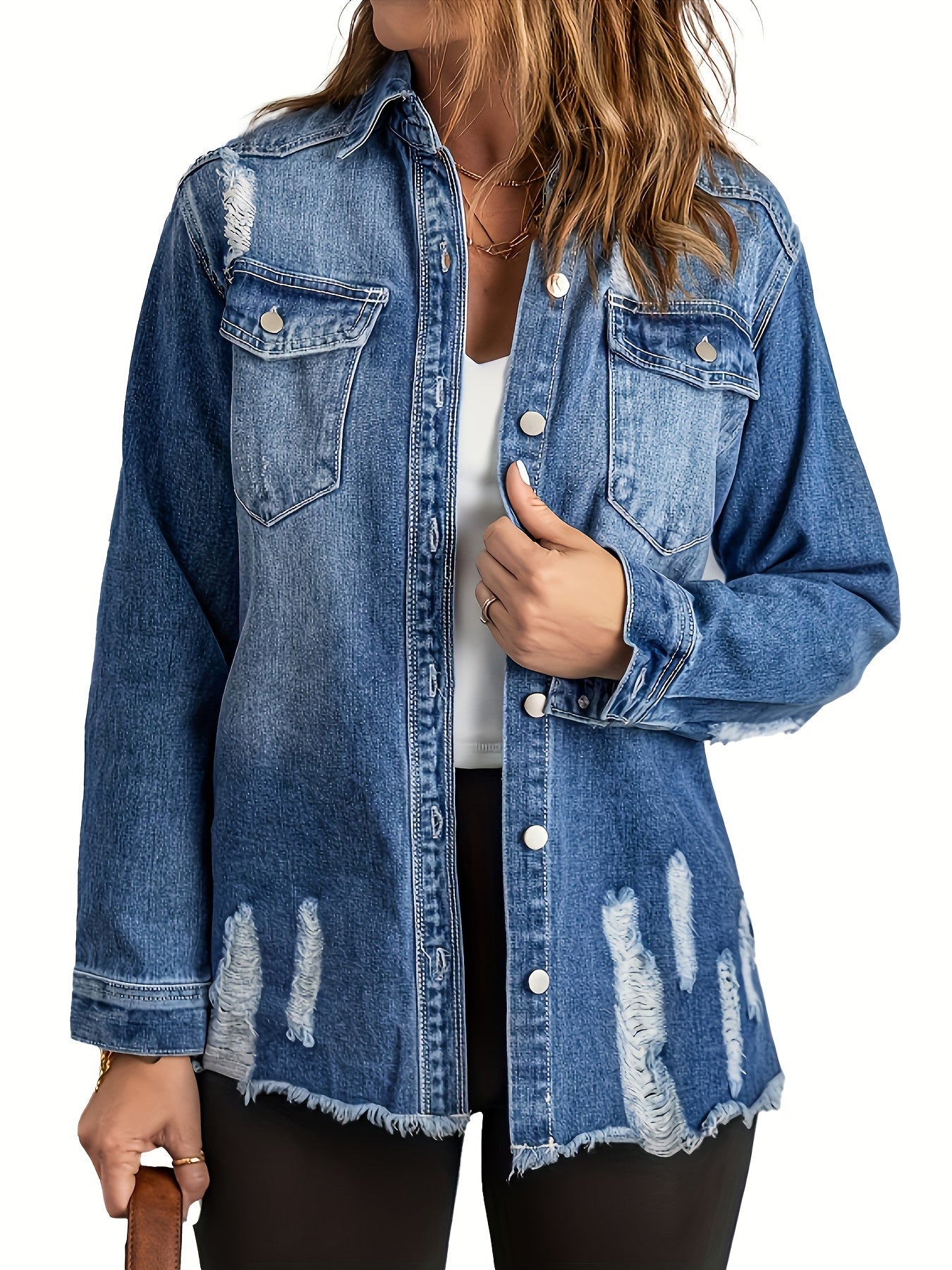 Women's Denim Jacket Washed Distressed Ripped Solid Color Spring Summer Coat