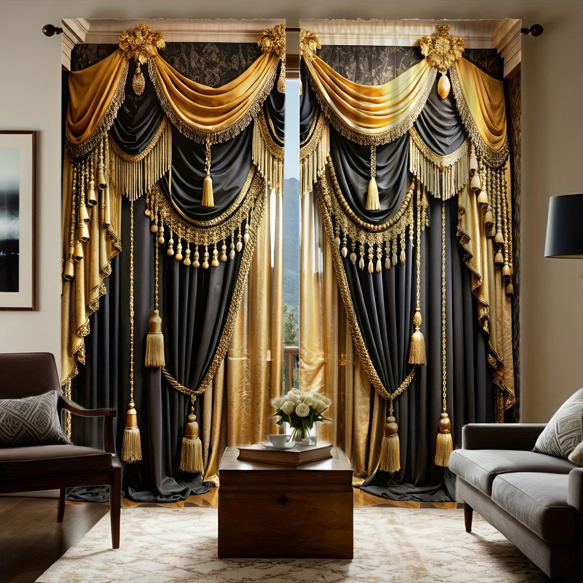 2pc Black and Gold Semi-Sheer Polyester Valance Curtains Rod Pocket for Living Room Bedroom