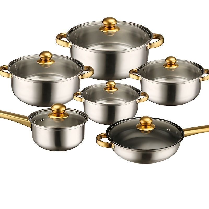 Stainless Steel Cookware Set 12 Pieces Induction Compatible Pots Pans Golden Handles