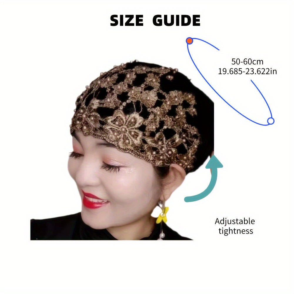 Beaded Floral Embroidered Turban for Women Lightweight Breathable Elastic Head Cover for Ramadan