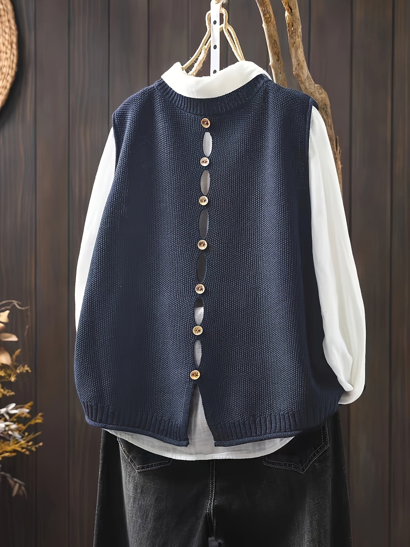 Plus-Size Solid Color Knit Vest with Button Back for Casual Wear